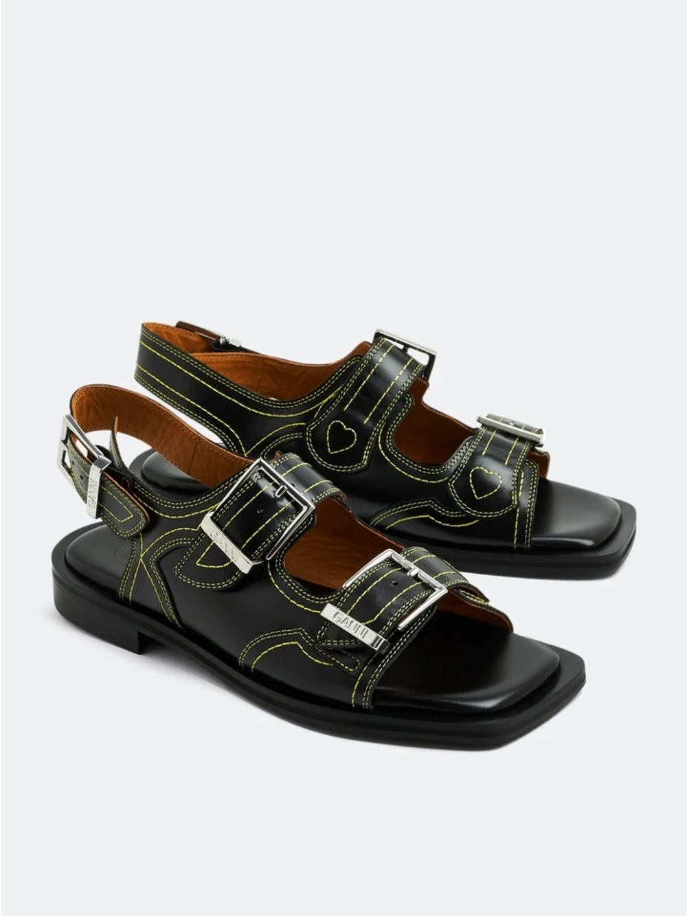 Ganni Western Embroidered Black Leather Sandals